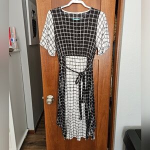 Black and White Windowpane Midi Dress with Tie Waist